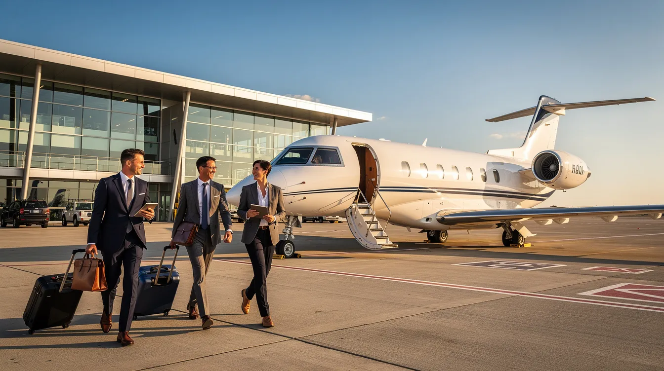 A group of business executives is walking toward a midsize private jet at a private aviation terminal on a sunny day, showcasing the convenience and luxury of private jet travel. The scene highlights the appeal of private jet charters for corporate travel, emphasizing the efficiency and comfort of flying in a private plane.