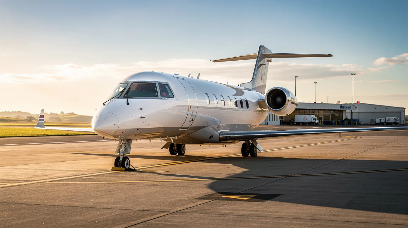 A sleek midsize business jet is parked on a sunlit tarmac at a regional airport, showcasing the elegance of private aviation. The aircraft, designed for comfort and efficiency, represents a popular choice among those considering private jet travel for short regional flights.