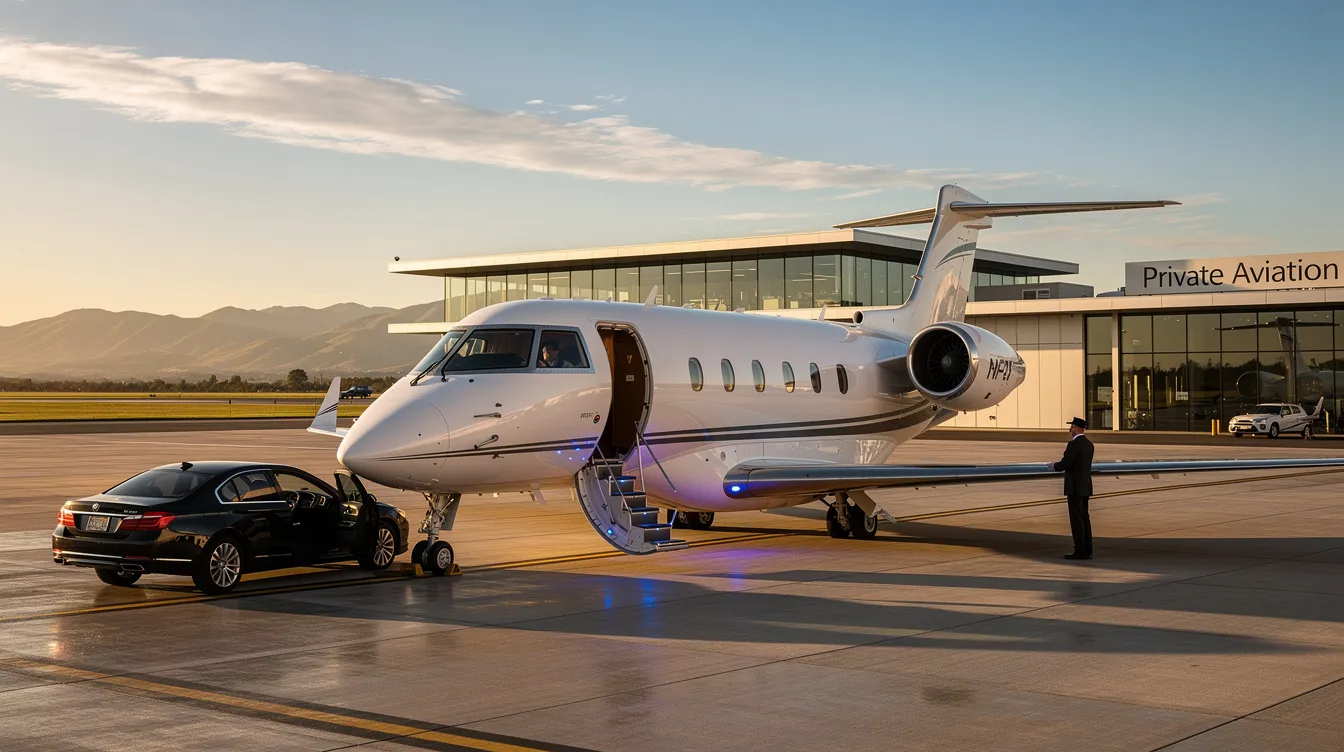 The image showcases a sleek private jet parked at a small regional airport, highlighting the luxurious design and spacious cabin with leather seats. This scene represents the world of private aviation, emphasizing the convenience and comfort of private jet travel for business meetings and leisure.