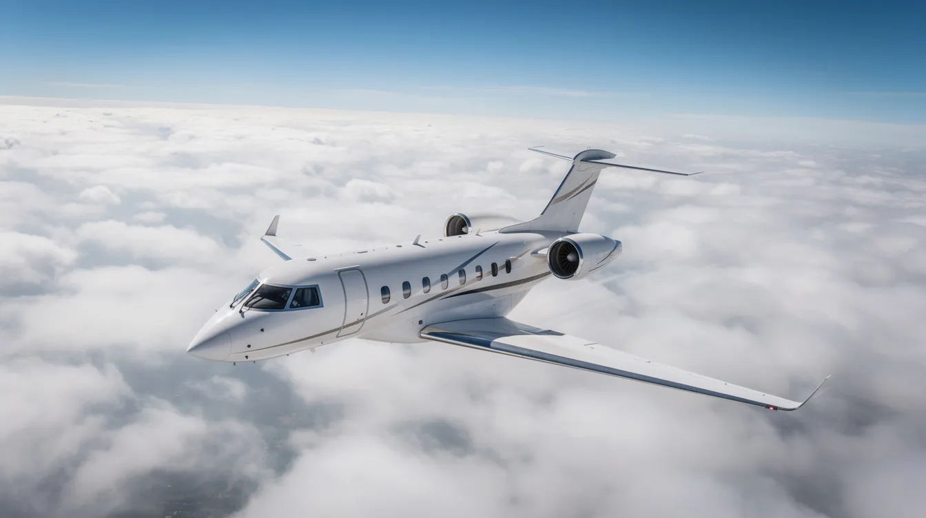 A sleek modern private jet soars above fluffy white clouds against a backdrop of a clear blue sky, showcasing the luxury of private aviation and the appeal of private jet travel. This image highlights the elegance of private jet flights, making it an enticing option for those considering private jet charter services.
