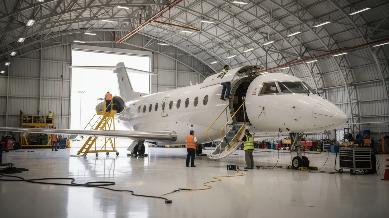 A private jet is seen undergoing maintenance inside a spacious hangar facility, with technicians inspecting various components and tools scattered around, highlighting the importance of upkeep in private aviation. The scene emphasizes the operational costs associated with maintaining a private jet, which is essential for ensuring safe and efficient private jet flights.
