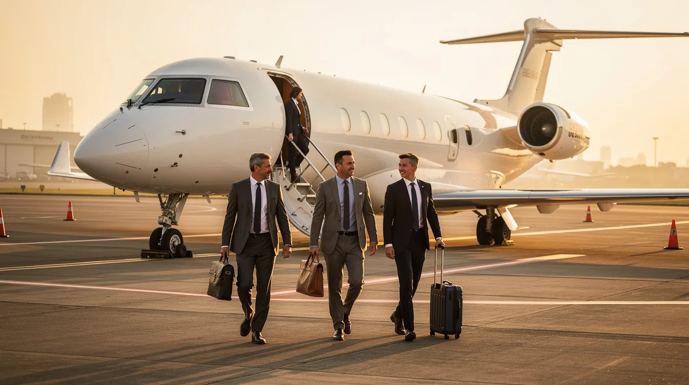 A group of business professionals is seen boarding a sleek private jet on the tarmac, ready for their private flight. This scene highlights the luxurious experience of private aviation, showcasing the convenience and exclusivity of private jet travel.