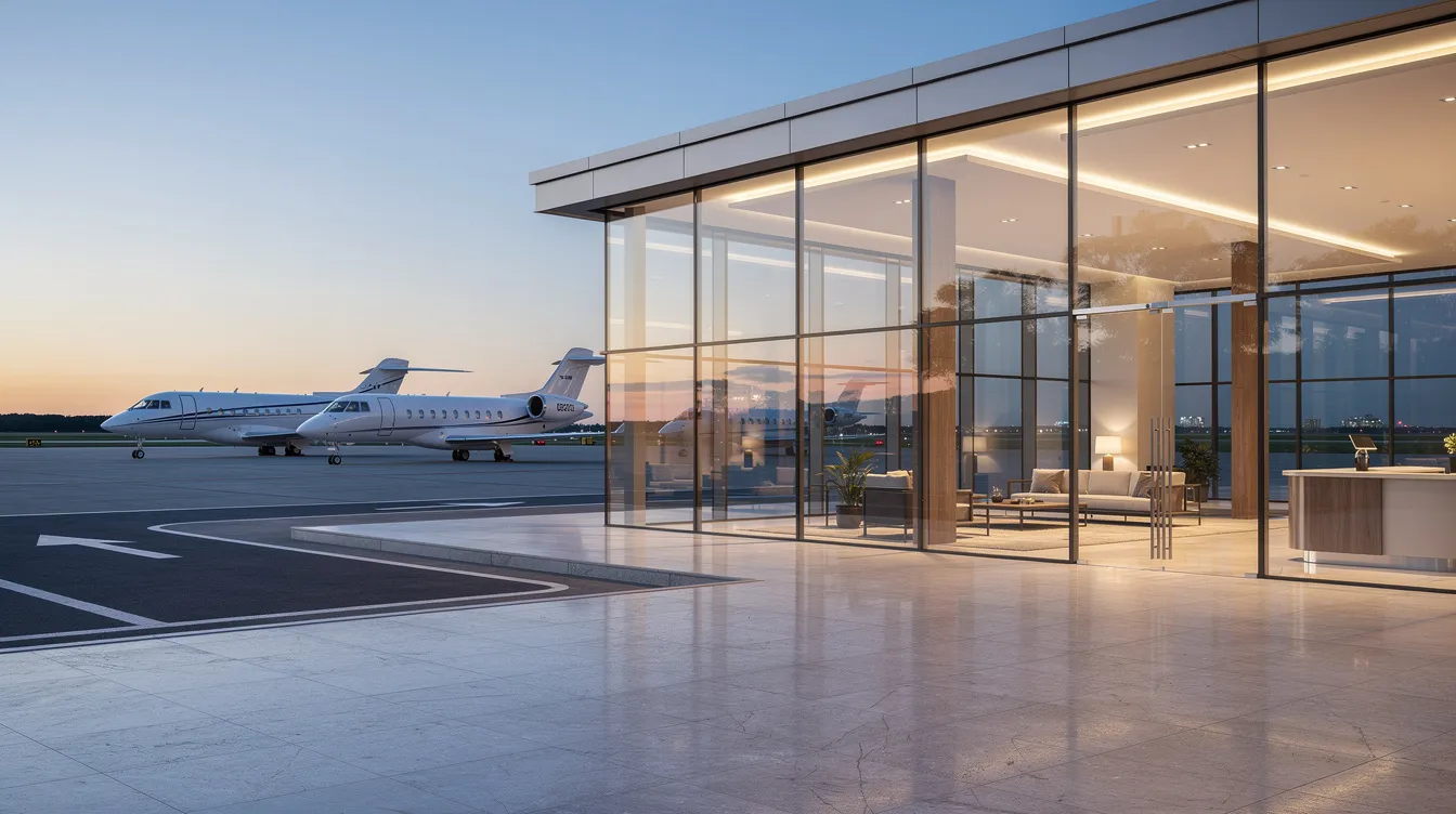The image depicts a modern private jet terminal with expansive glass walls, showcasing several private aircraft parked outside. This sleek facility highlights the luxury of private aviation, where travelers can experience the convenience of private jet charter flights without the crowds of commercial airlines.