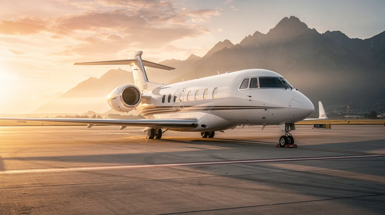 A sleek private jet is parked on the airport tarmac during the golden hour, with stunning mountains in the background. This scene captures the allure of private aviation, highlighting the luxurious travel experience offered by private jet charter flights.