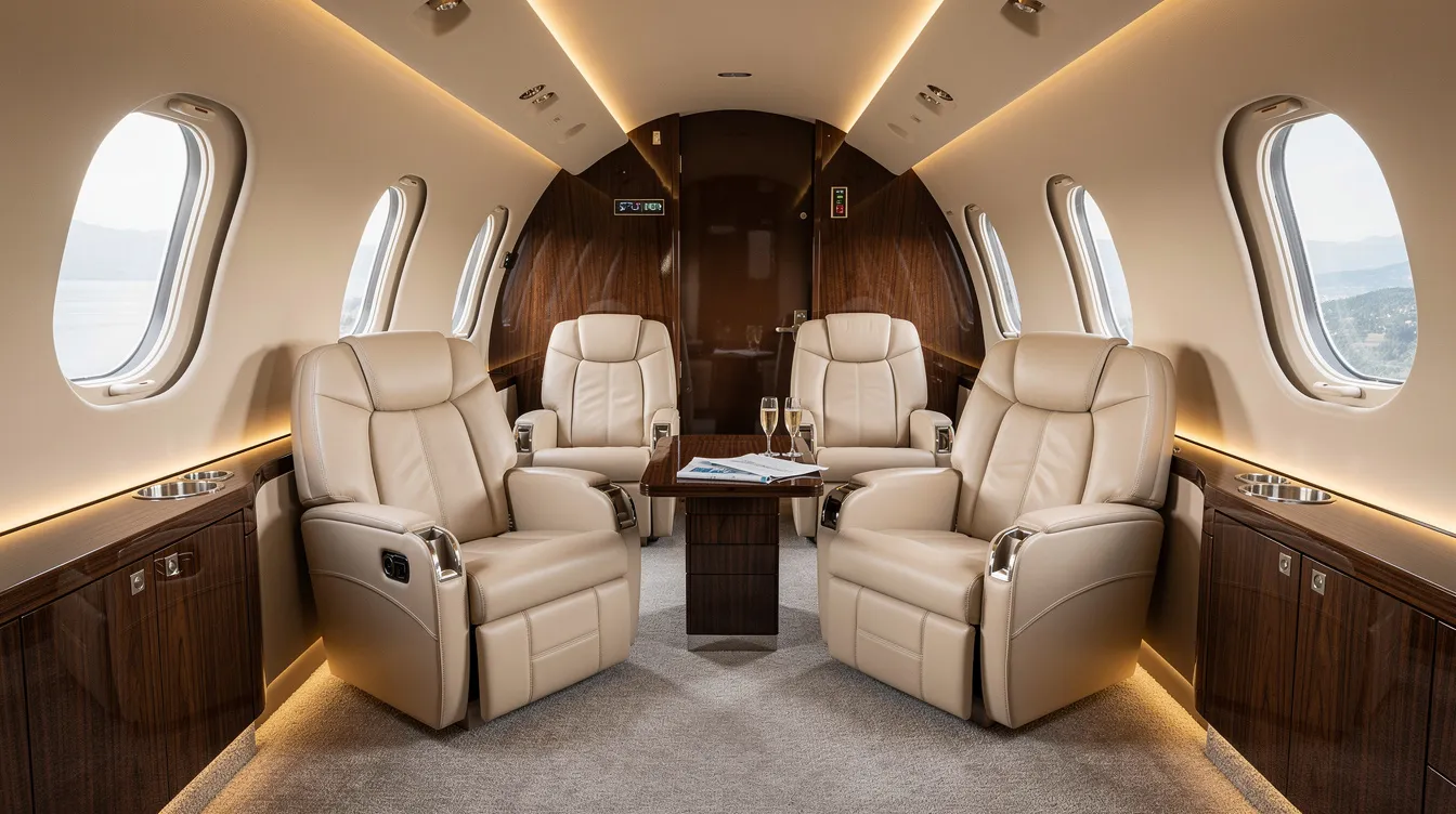 The image depicts the interior of a modern midsize private jet cabin, featuring luxurious leather seats and elegant wood trim, showcasing the comfort and style associated with private aviation. This cabin design highlights the premium experience of flying private, ideal for those considering private jet charter flights.
