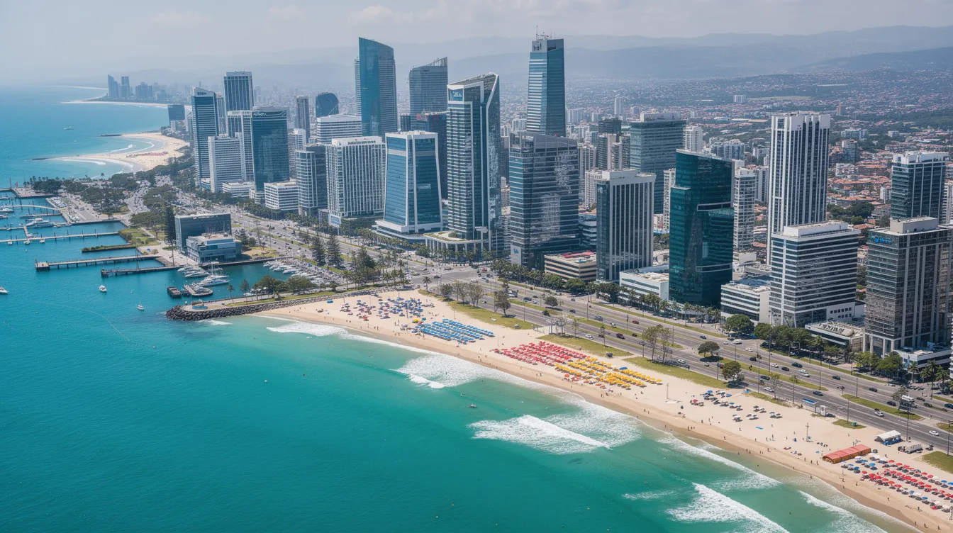 An aerial view captures a vibrant coastal city featuring golden beaches and towering high-rise buildings, showcasing the beauty of urban life by the sea. This picturesque scene reflects the allure of private aviation, where travelers can enjoy the luxury of private jet charter flights to reach such stunning destinations effortlessly.