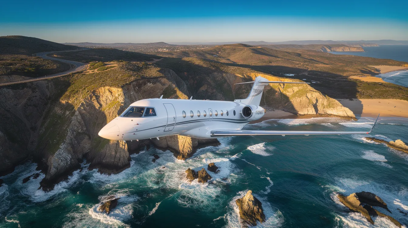 An aerial view captures a private jet soaring over a stunning coastal landscape, showcasing the beauty of private jet travel. The dramatic cliffs and sparkling ocean below highlight the luxury and exclusivity associated with private jet charter flights.