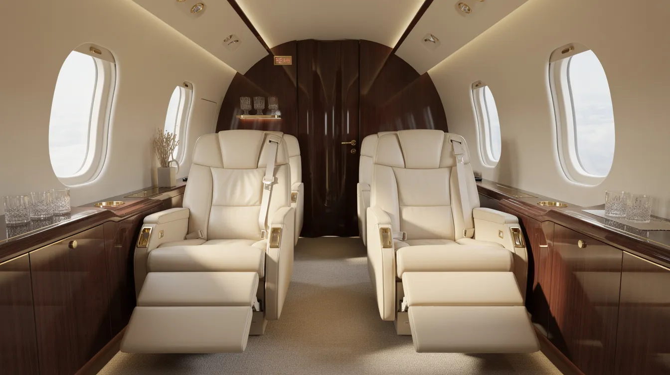 The image depicts the interior of a luxury private jet cabin, featuring plush leather seats and elegant wood finishes, designed for comfort and style during private jet travel. This sophisticated space highlights the premium experience of private jet charters, catering to both business and leisure travelers.