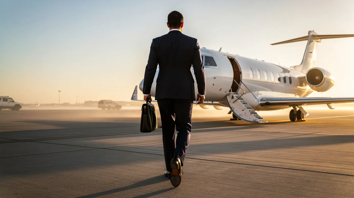 A business professional confidently walks toward a private jet parked on the tarmac, symbolizing the luxury and convenience of aircraft ownership. This scene highlights the allure of flying, often associated with the initial purchase price and ongoing costs such as maintenance and aircraft insurance.