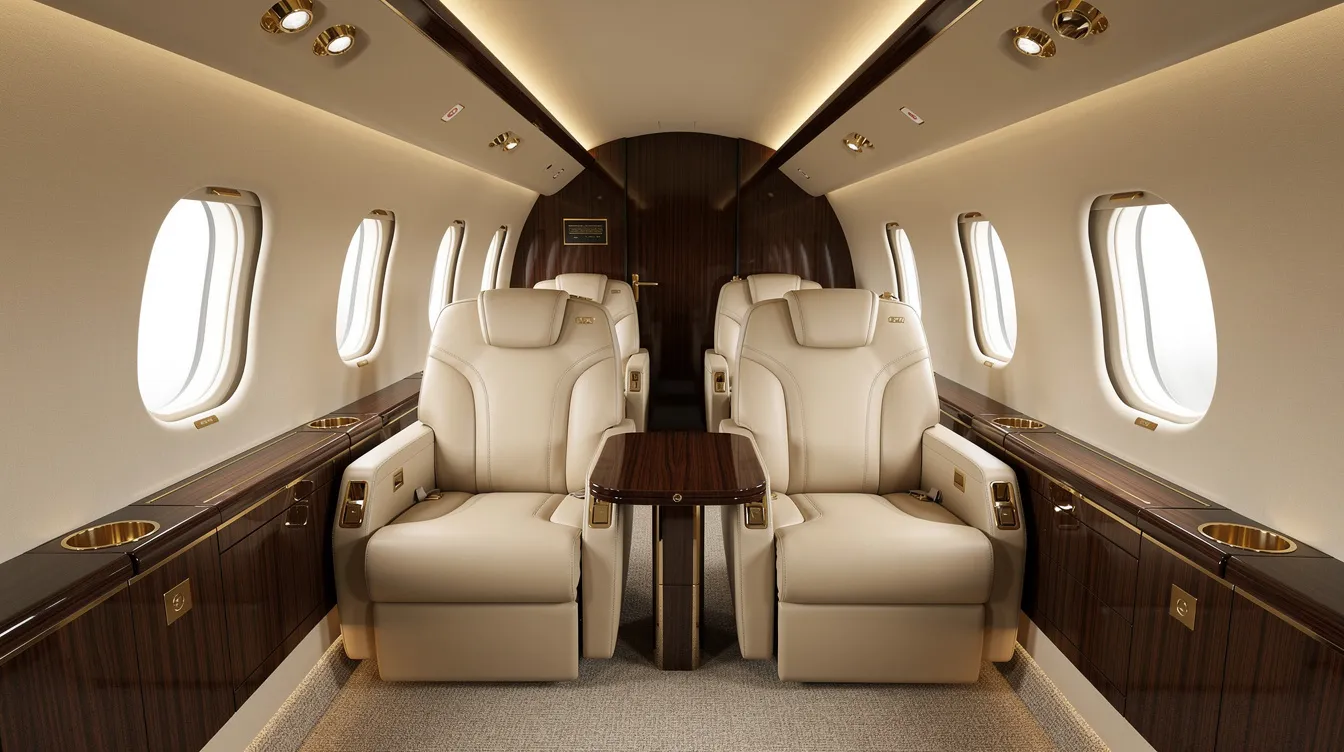 The image showcases a luxurious private jet interior featuring cream leather seats and elegant wood accents, creating a spacious cabin designed for comfort and style. This opulent setting is ideal for private flight enthusiasts seeking a premium travel experience.