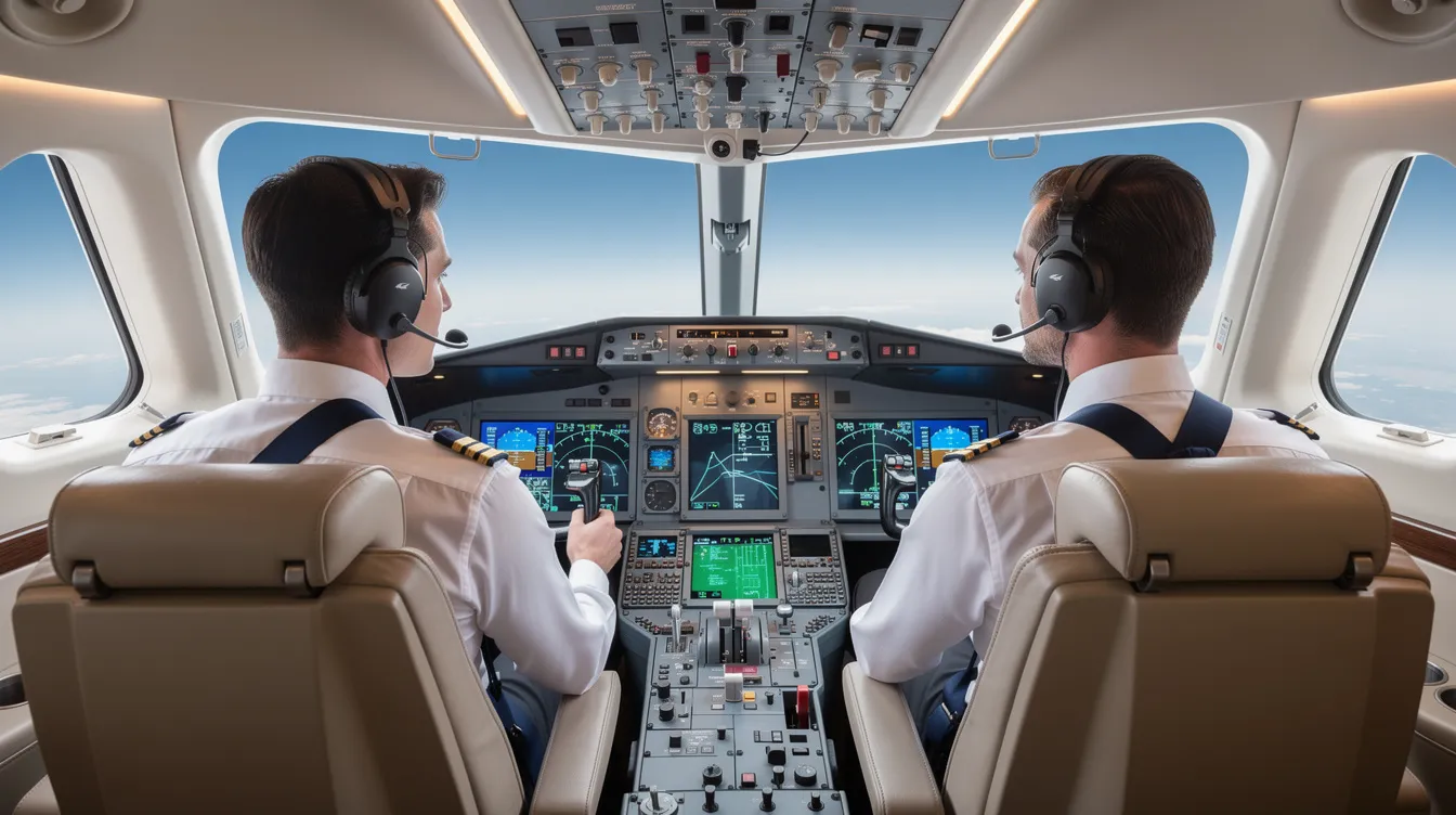 The image shows two professional pilots seated in the cockpit of a modern private jet, equipped with advanced avionics and spacious cabin layout. They are preparing for a private flight, showcasing the luxury and efficiency of private aviation.