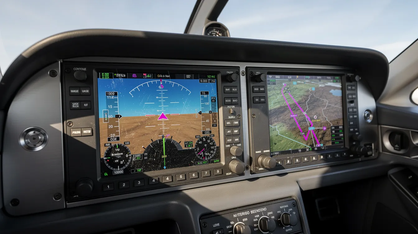 The image shows a modern glass cockpit avionics display inside a private aircraft, featuring digital flight instruments that provide real-time data for pilots. This advanced avionics setup is essential for aircraft owners to monitor various metrics, including fuel costs and maintenance needs, while flying their small plane.