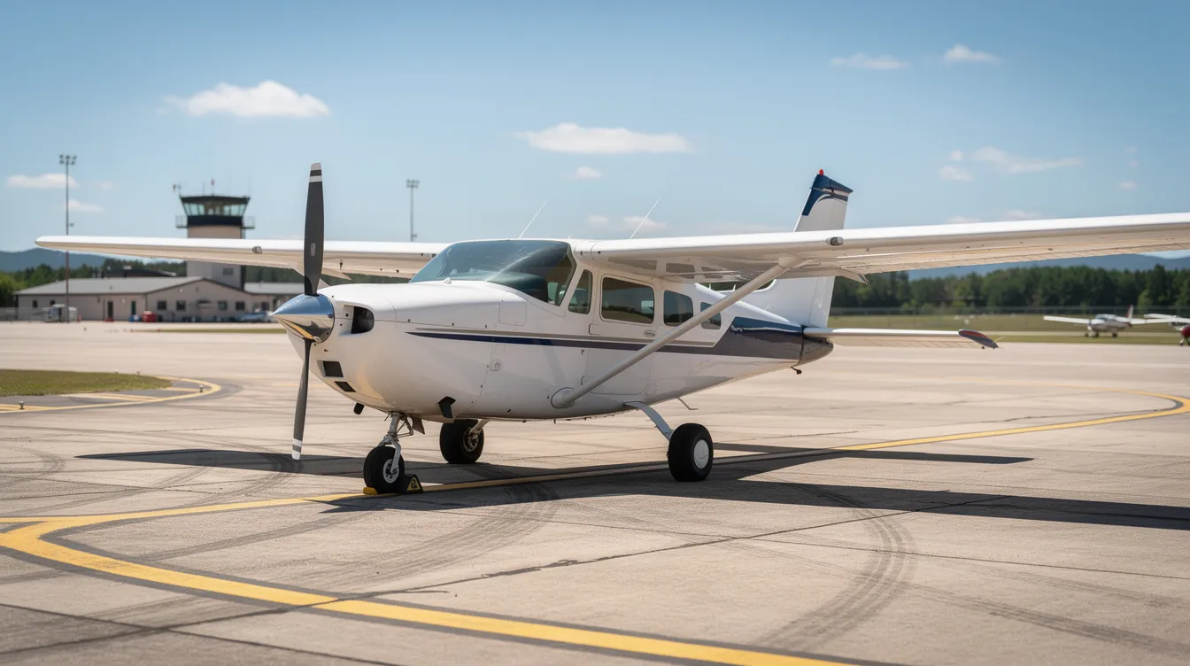 A small single-engine private airplane, such as a Piper Cherokee, is parked on a sunny runway at a regional airport, showcasing its well-maintained condition. This image highlights the appeal of owning a small aircraft, which involves various costs like fuel, maintenance, and storage, essential for aircraft owners considering the overall cost of ownership.