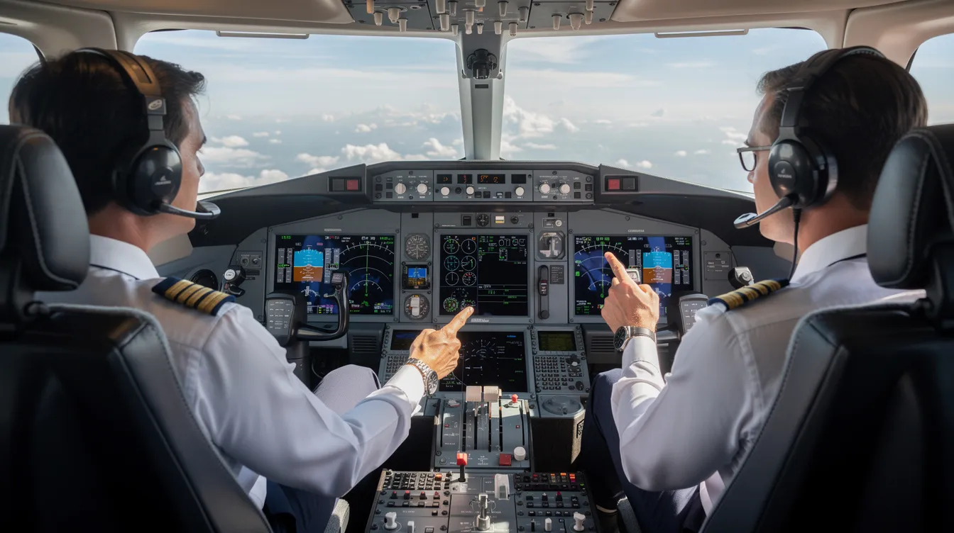 In the cockpit of a private jet, professional pilots are focused on reviewing flight instruments, ensuring all systems are functioning properly. The scene highlights the importance of ongoing costs associated with aircraft ownership, such as maintenance and fuel, for those considering a small plane purchase.