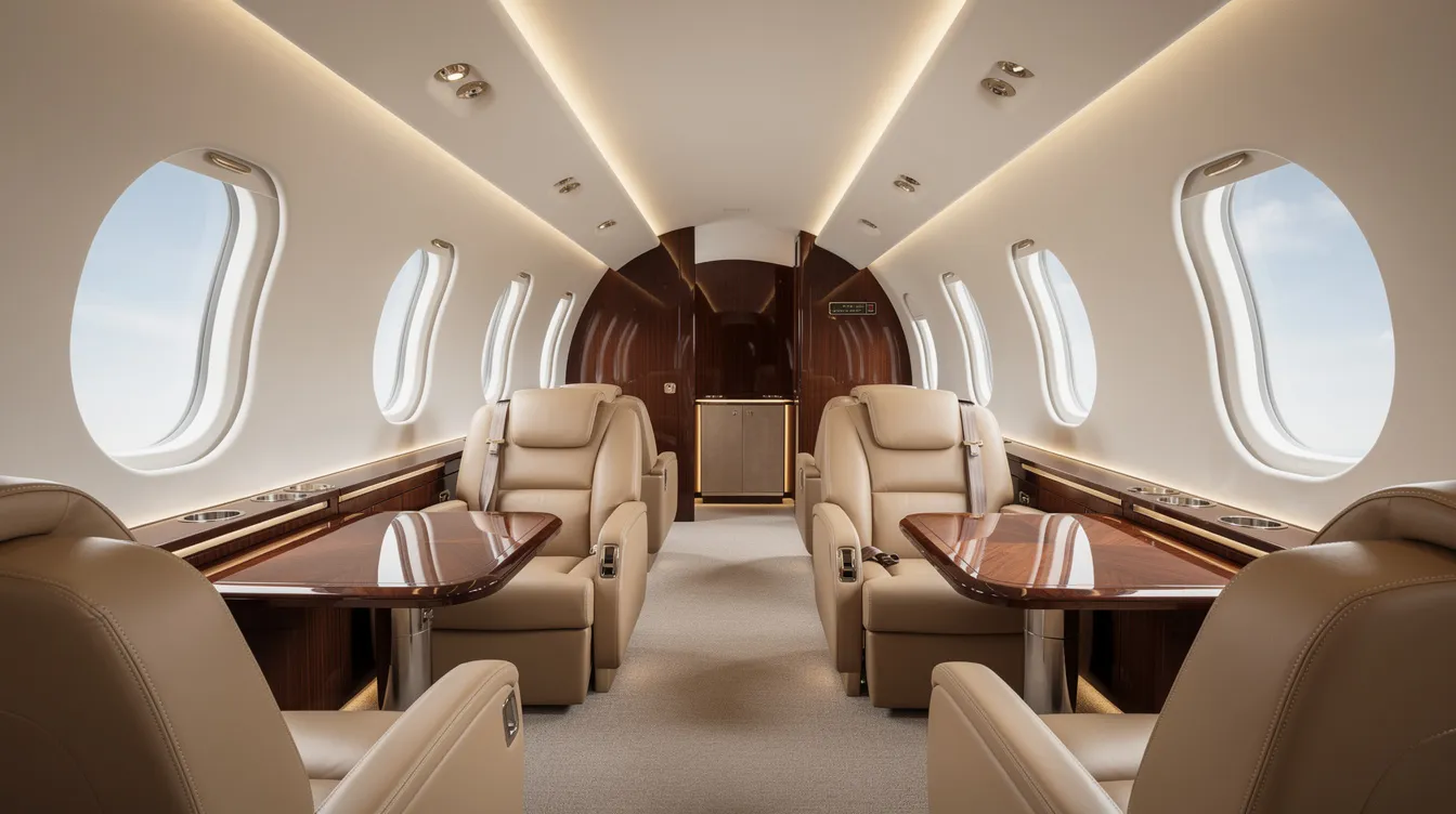 The image depicts the luxurious interior of a large cabin private jet, featuring plush leather seating and elegant wood finishes. This opulent space is designed for comfort and style, ideal for those considering private jet travel and seeking a premium experience.