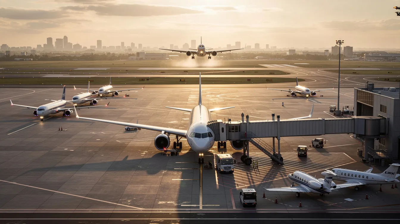 The image features various jets and airplanes, showcasing a range of aircraft including jet fighters and private jets, all designed for efficient air travel and powered by advanced jet engines. The scene highlights the evolution of aviation, emphasizing the speed and capabilities of modern aircraft in the airline industry.