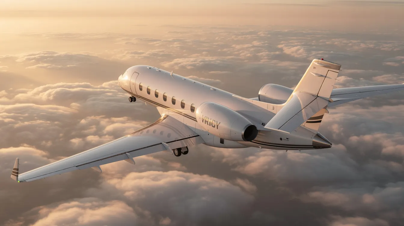 The image showcases a sleek private jet soaring through a clear blue sky, representing the luxury and efficiency of business aviation. This very light jet, manufactured by a leading company like Honda Aircraft Company or Dassault Aviation, embodies the advancements in the private jet industry and caters to the needs of small and midsize companies seeking personalized service and fuel efficiency.