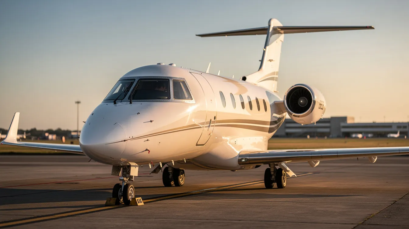 A small private jet with a distinctive engine placement is positioned on a runway, showcasing its sleek design typical of business aviation and the light jet category. This aircraft represents a segment of the private jet industry, ideal for short runways and efficient operations.