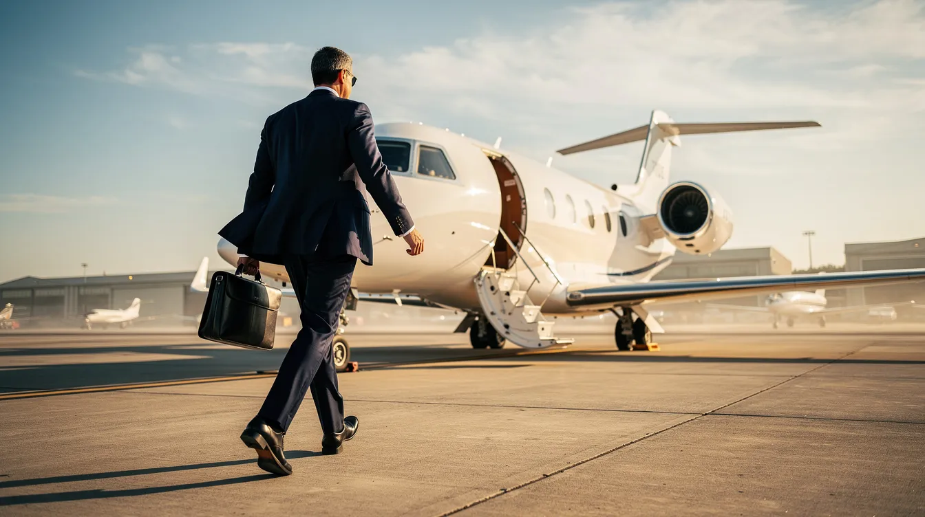An executive confidently walks toward a sleek private jet on a sunny airport tarmac, symbolizing the luxury and convenience of private aviation and fractional jet ownership. The scene captures the essence of personalized service and guaranteed access to private flights, highlighting the appeal of private air travel for discerning travelers.