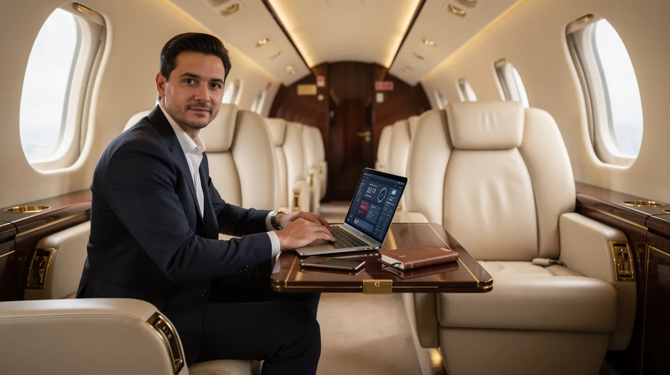 The image depicts the interior of a luxurious private jet featuring plush leather seats, where a business executive is focused on working on a laptop. This setting exemplifies the benefits of fractional private jet ownership, offering personalized service and guaranteed access for discerning travelers.
