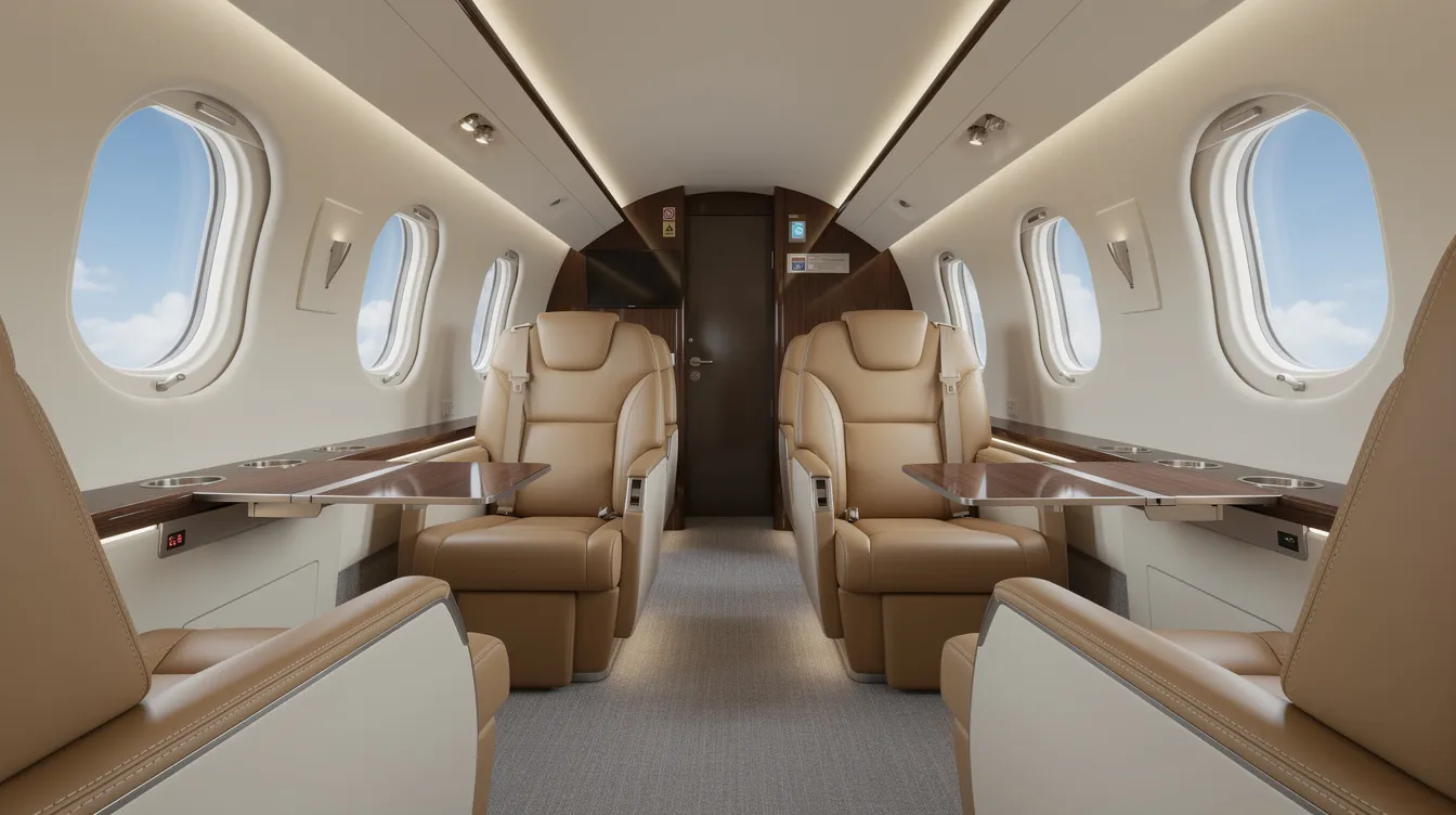 The interior of a modern private jet features luxurious leather seating, providing a comfortable space for fractional owners to enjoy private flights. This elegant aircraft is designed for high demand, catering to the travel needs of multiple owners while managing operating costs and maintenance through a fractional program.