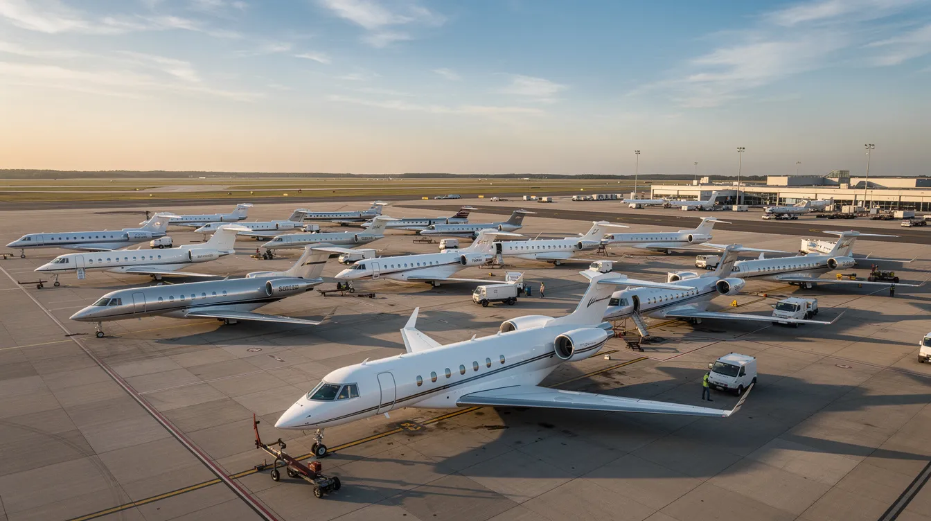 A fleet of private jets is parked on an airfield, showcasing various aircraft types available for fractional ownership. This arrangement allows multiple owners to access high-demand private aviation services while sharing operating costs and management fees.