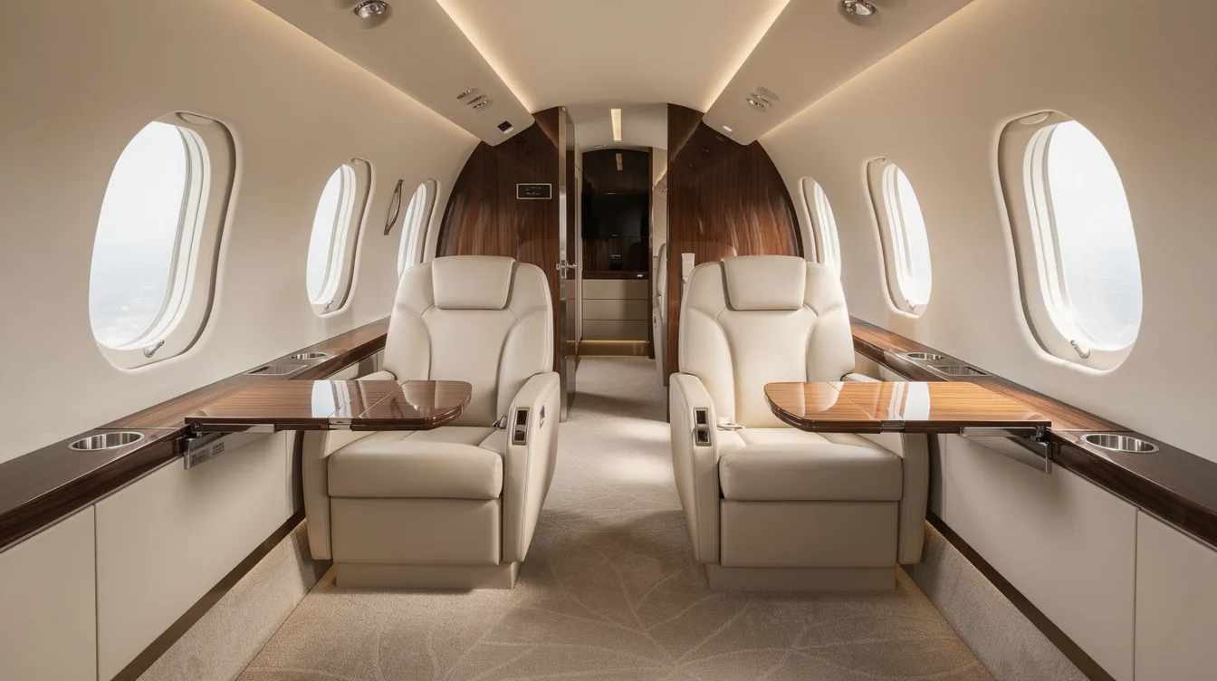 The image showcases a luxurious interior cabin of a midsize business jet, featuring plush leather seats, elegant wood trim, and modern amenities, reflecting the opulence of private aviation. This sophisticated setting is designed for comfort and style, ideal for those considering private jet travel or ownership.
