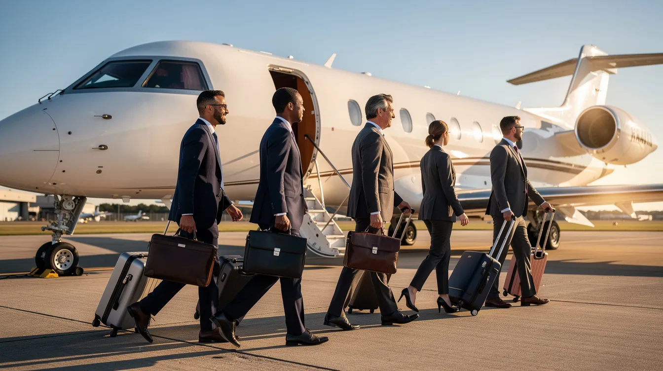 A group of business executives in tailored suits are boarding a luxurious private jet on a bright, sunny day, ready for their private flight. The scene captures the essence of private aviation, highlighting the exclusivity and convenience of traveling by private jet.