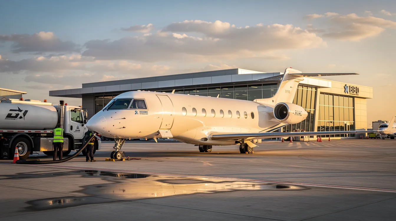 A private jet is being refueled by a fuel truck at a fixed base operator facility, showcasing the operational aspects of private aviation. This scene highlights the maintenance and fuel costs associated with owning or chartering a private jet.