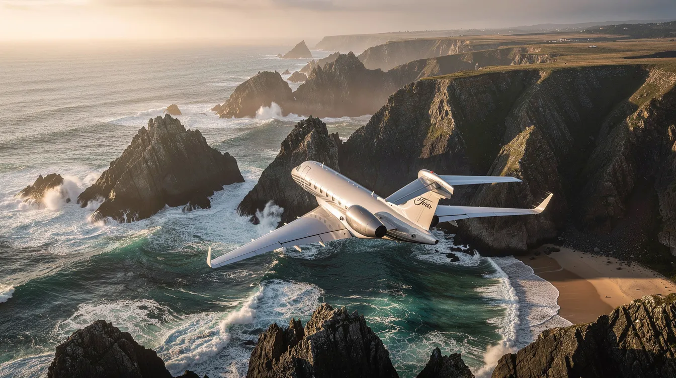 An aerial view captures a private jet soaring gracefully over a dramatic coastline, with the vibrant blue ocean stretching out below. This image highlights the allure of private aviation, showcasing the freedom and luxury associated with private jet travel.