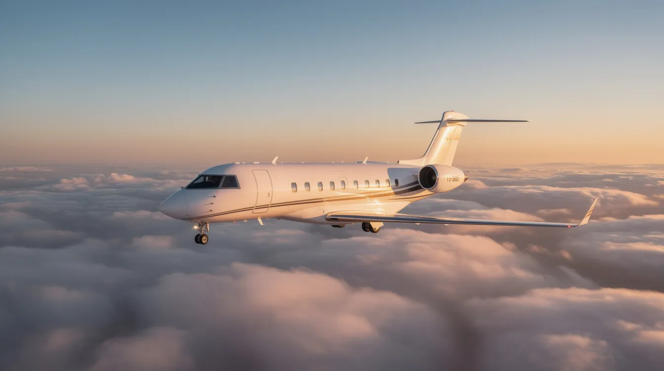 An aerial view captures a sleek private jet soaring above a sea of fluffy white clouds, showcasing its elegant design and streamlined structure. This light jet epitomizes the luxury of private aviation, ideal for those seeking to fly private for business meetings or leisure.