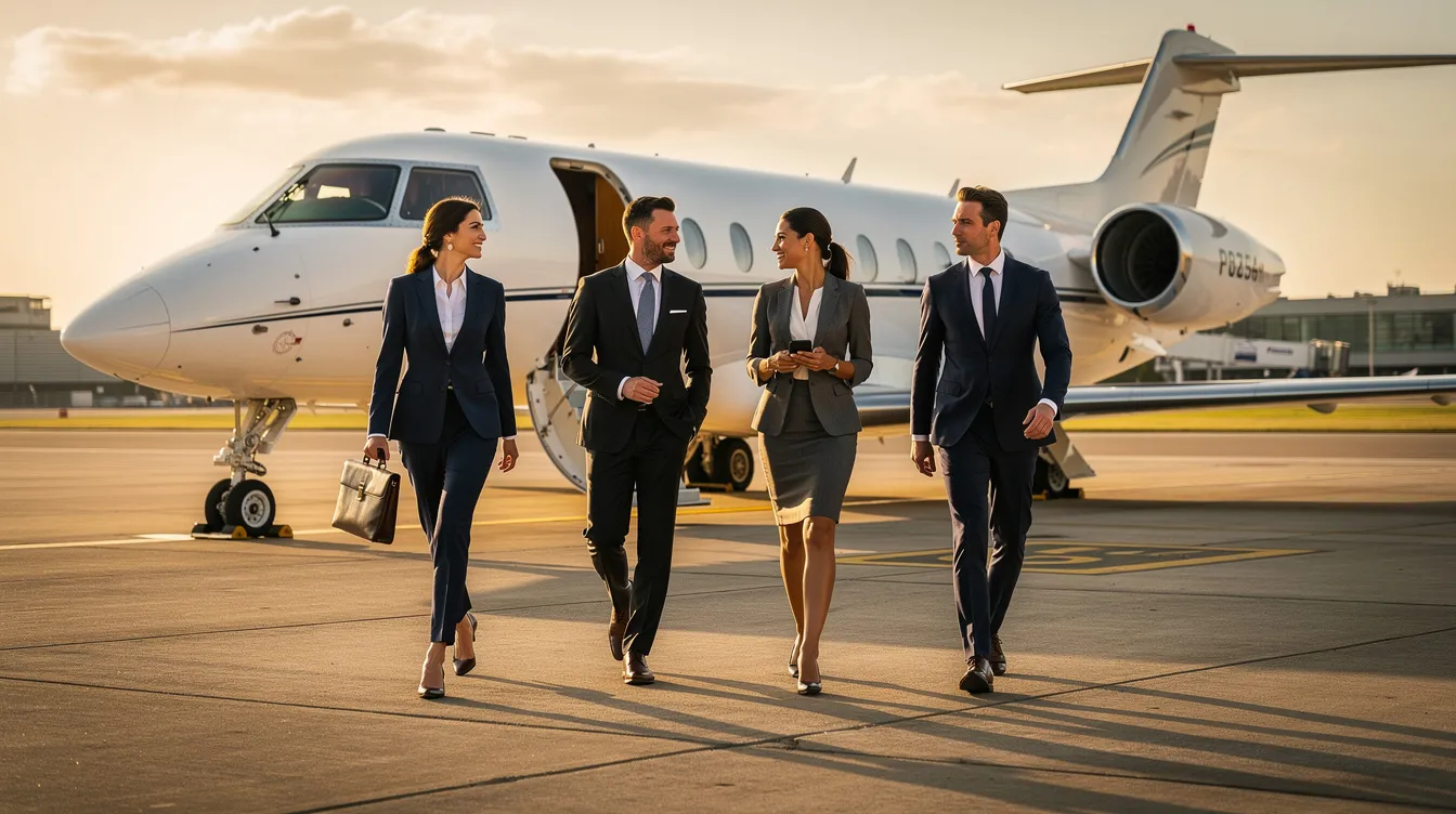 A group of business executives dressed in formal attire is walking toward a sleek private jet parked on the tarmac, ready for their next journey. The scene captures the essence of private aviation, highlighting the convenience and luxury of flying in a light jet for business meetings.