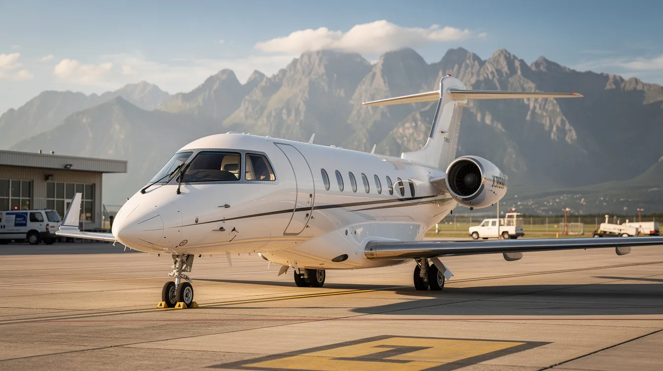 A modern light jet is parked on the tarmac of a regional airport, with majestic mountains in the background, showcasing the sleek design typical of private aircraft. This scene highlights the appeal of private jet ownership and the convenience of accessing smaller airports for regional flights.