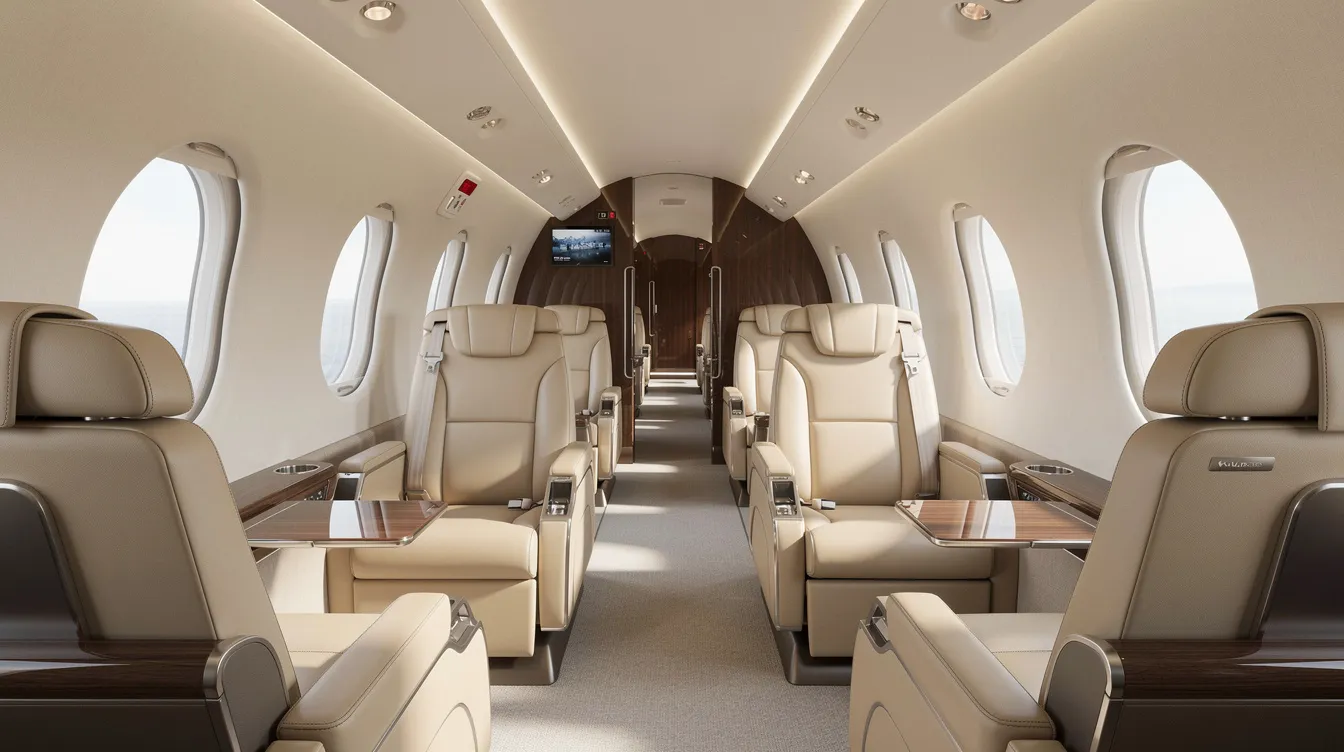 The image showcases the interior of a modern light jet, featuring luxurious leather seats and a spacious cabin configuration designed for comfort and style. This private aircraft exemplifies the elegance of private aviation, ideal for business meetings or leisure travel.