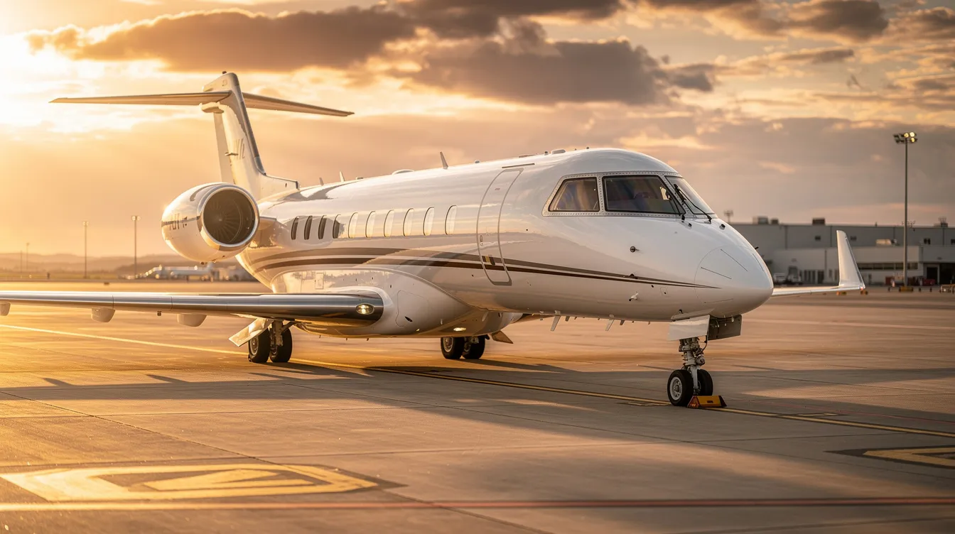 A modern private jet is parked on the airport tarmac during the golden hour, showcasing its sleek design and spacious cabin. This image captures the essence of private aviation, highlighting the allure of owning a private jet for business and leisure travel.