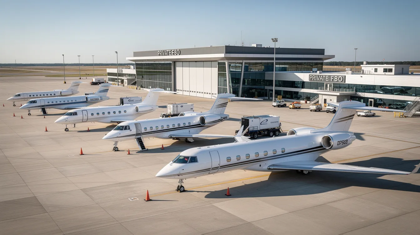The image shows multiple private jets of varying sizes parked at a fixed-base operator facility, showcasing a mix of light jets, midsize jets, and larger business jets. This scene highlights the world of private aviation, where private jet owners manage their aircraft for personal or business use, considering factors like maintenance costs and fuel prices.