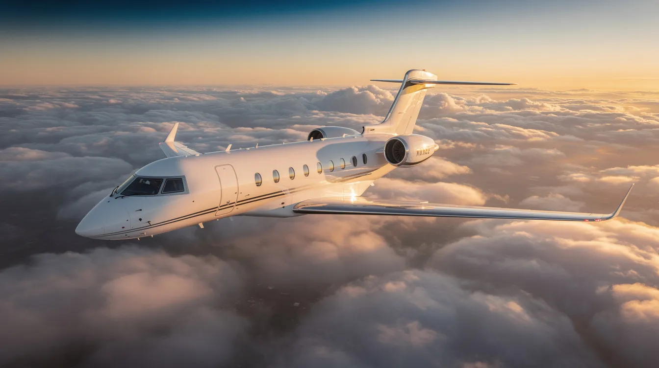 A sleek private jet from the Flexjet fleet soars above a sea of clouds during golden hour, casting a golden hue as it embodies luxury experiences in private aviation. This moment captures the essence of the fractional jet ownership market, showcasing the elegance and precision of modern aircraft flying high in the sky.