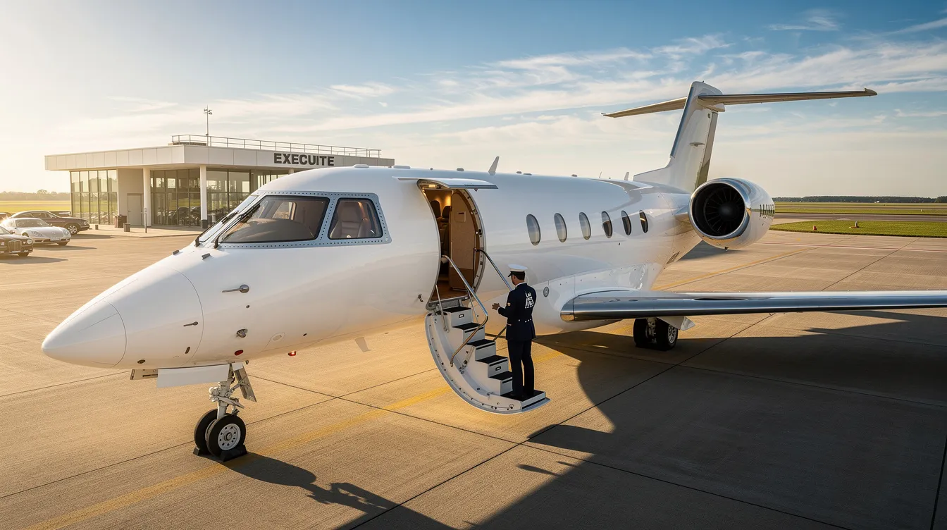 The image depicts a luxurious private aviation hangar, showcasing various aircraft and highlighting the commitment to excellence in service. It emphasizes the warm amenities and concierge services offered to clients, ensuring a seamless and safe journey in the aviation industry.