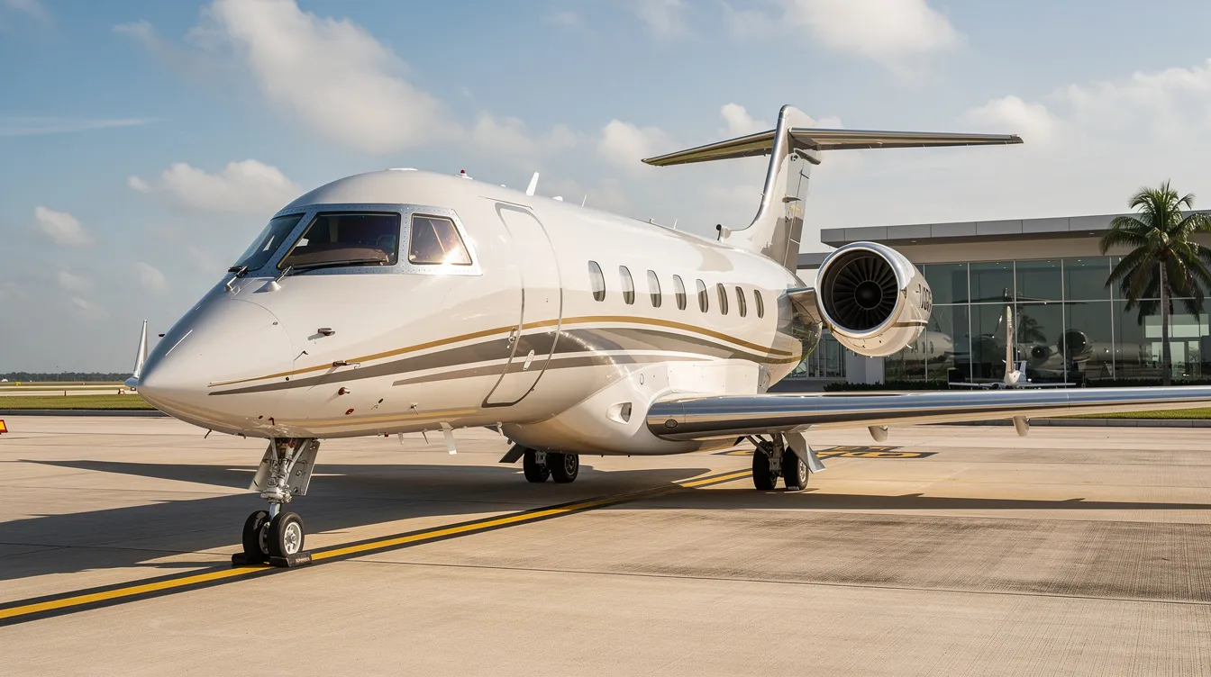 The image depicts a luxurious private jet valued at a million dollars, parked outside a sleek hangar, showcasing its impressive design and performance. This aircraft represents the pinnacle of aviation excellence, offering clients a warm and comfortable journey with top-notch amenities and concierge services.
