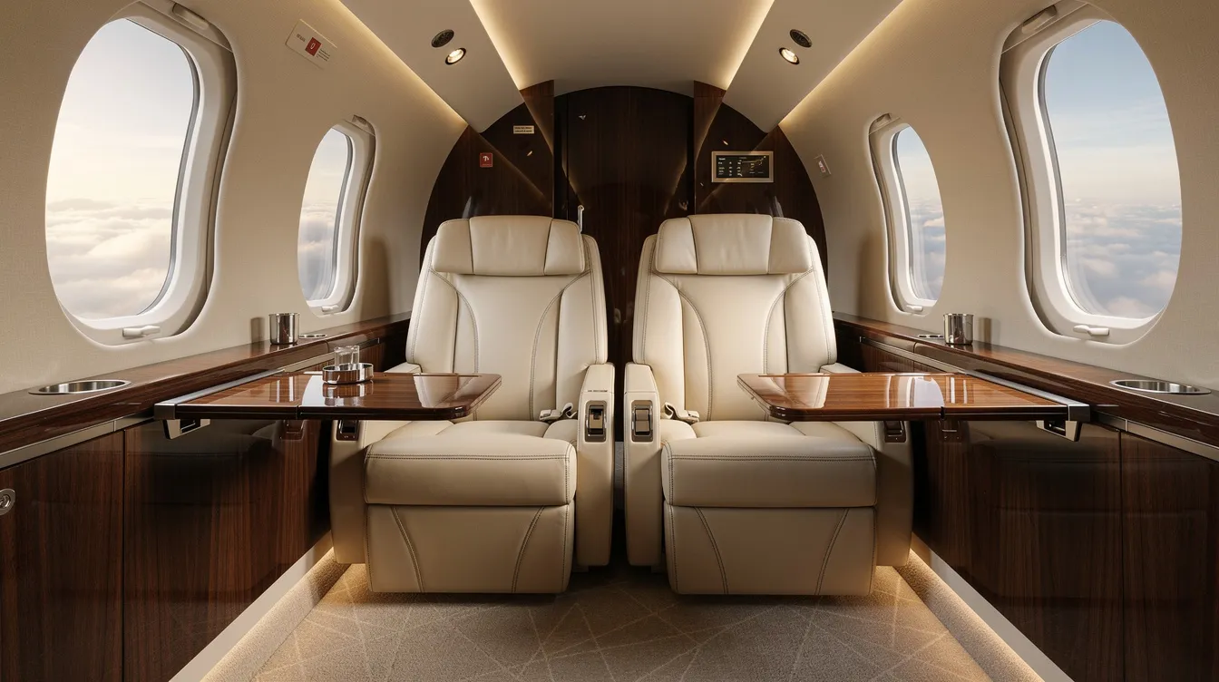 The image showcases the luxurious interior of a private jet cabin, featuring plush leather seats and elegant wood finishes, designed for personalized service and comfort during private flights. This refined atmosphere exemplifies the high standards of private aviation companies, catering to the unique needs of their clients.
