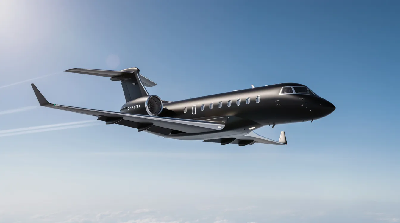 A sleek black private jet soars through a clear blue sky, showcasing the elegance and luxury of business aviation. This aircraft represents the high-end jet business, catering to private owners and corporate clients seeking efficient flight solutions.