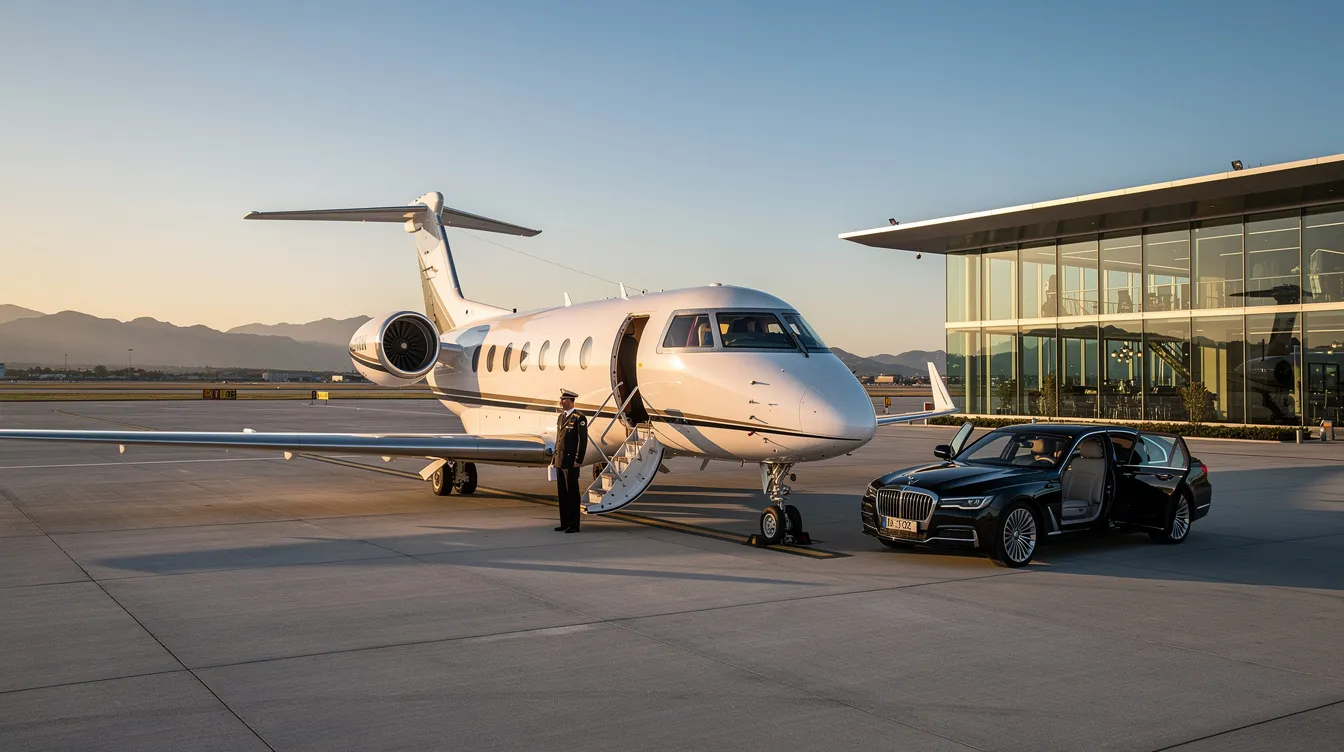 The image depicts a sleek private jet parked on a tarmac, representing the world of private aviation and the luxurious experience of private jet charter services. It highlights the convenience and personalized service offered by the largest private jet operators for both domestic and international flights.