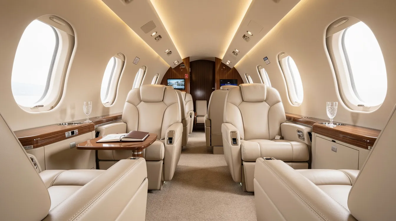 The image showcases a luxurious private jet interior featuring comfortable leather seating bathed in natural light, ideal for private travel and corporate travel. This elegant setting highlights the premium aircraft experience offered by the largest private jet operators.