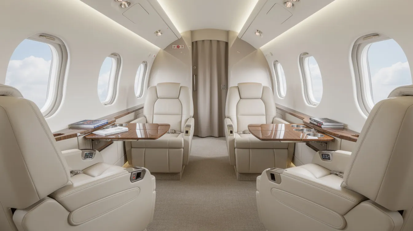 The image shows the interior of a midsize private jet cabin, featuring plush leather seats arranged for comfort and luxury, ideal for travelers seeking a premium experience in private aviation. This elegant space reflects the operational excellence and accessibility of flying private, making it a preferred choice for jet owners and charter operators.