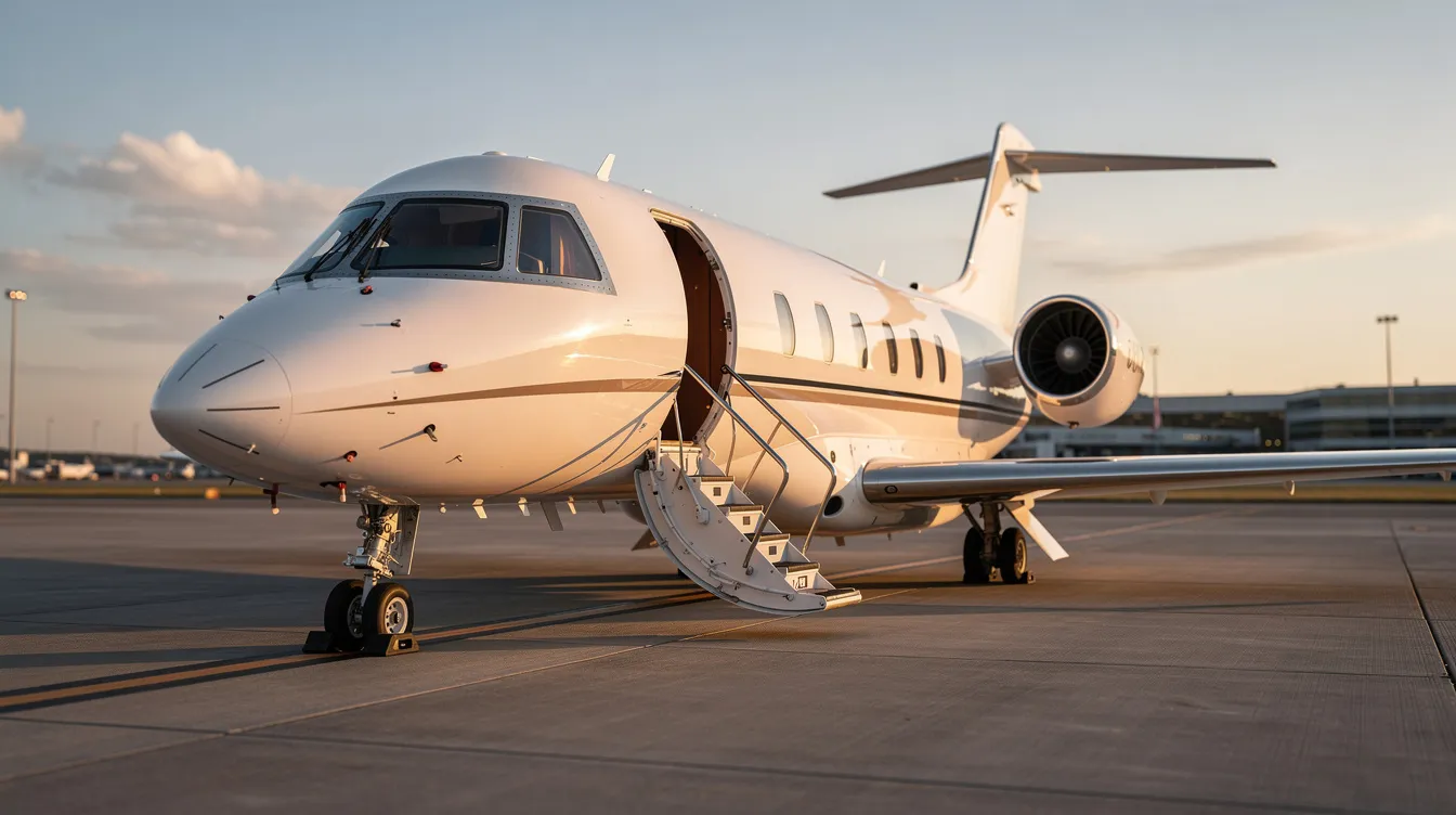 A modern private jet is parked on the airport tarmac, with its stairs extended, ready for boarding. This luxurious aircraft represents the convenience of private aviation, offering travelers a seamless alternative to commercial flights.