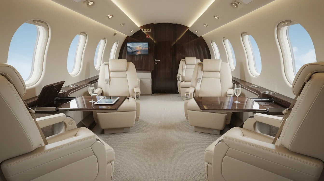 The image showcases the luxurious interior of a modern business jet, featuring plush leather seats and elegant wood accents, highlighting the premium experience offered by private jet charter companies. This sophisticated setting is designed for business executives seeking comfort and style during their private jet travel.