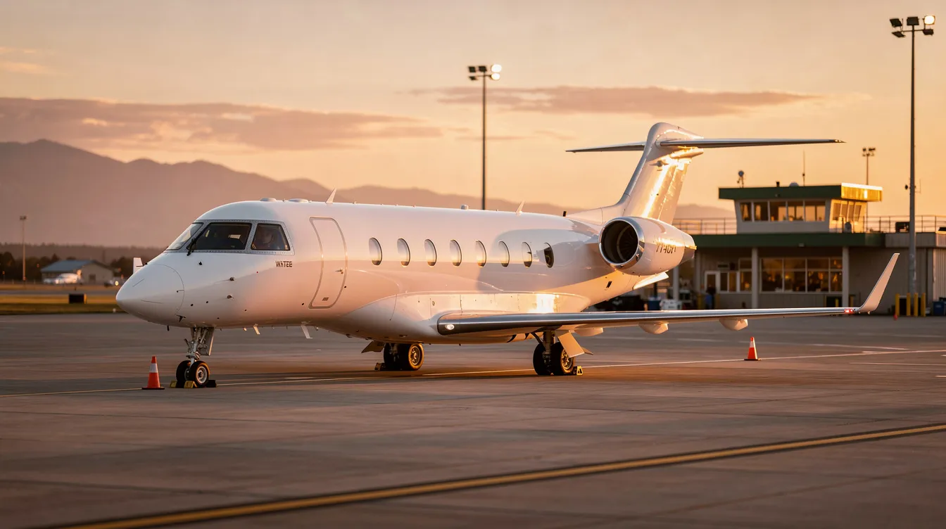 A sleek private jet is parked on the tarmac at a regional airport, bathed in the warm hues of golden hour. This scene captures the essence of luxury private aviation, highlighting the appeal of private jet travel and charter services for business executives and frequent flyers.