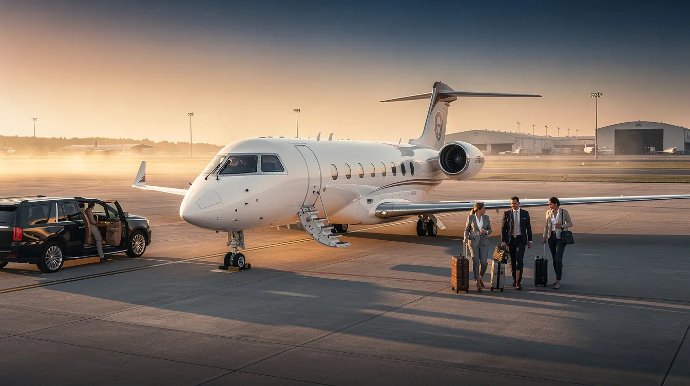 The image depicts a luxurious private jet parked on a tarmac, showcasing the sleek design and spacious cabin interior, symbolizing the high-end service of private jet charter companies in the private aviation industry. This represents the ultimate in private jet travel, offering tailored solutions and premium service for business executives and frequent flyers.
