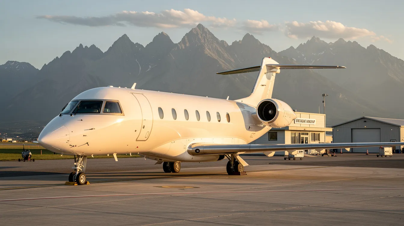 A sleek business jet is parked on the tarmac of a small regional airport, with majestic mountains rising in the background, highlighting the private jet experience. This scene captures the essence of luxury travel, offering passengers the freedom to fly on their own schedule.