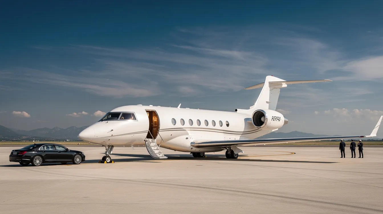 The image showcases a luxurious private jet, highlighting its spacious cabin designed for an ultimate flying experience, complete with plush seating and in-flight amenities. Flight attendants are seen providing personalized service to passengers, emphasizing the comfort and exclusivity of private aviation with United's fleet.